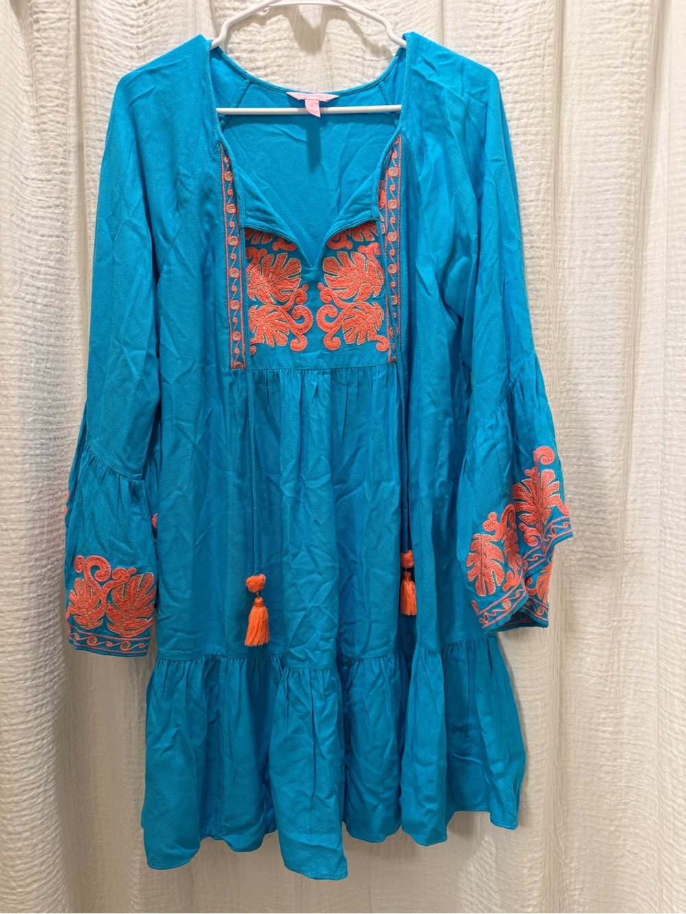 Lilly Pulitzer Amisa Tunic Dress Sparkling Blue Coral Embroidered Tassels - S